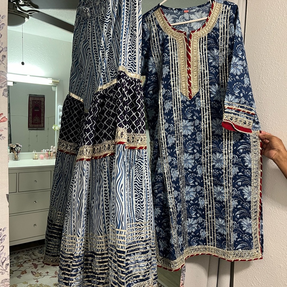Navy and White Patterned Dress Set with Red Accents
